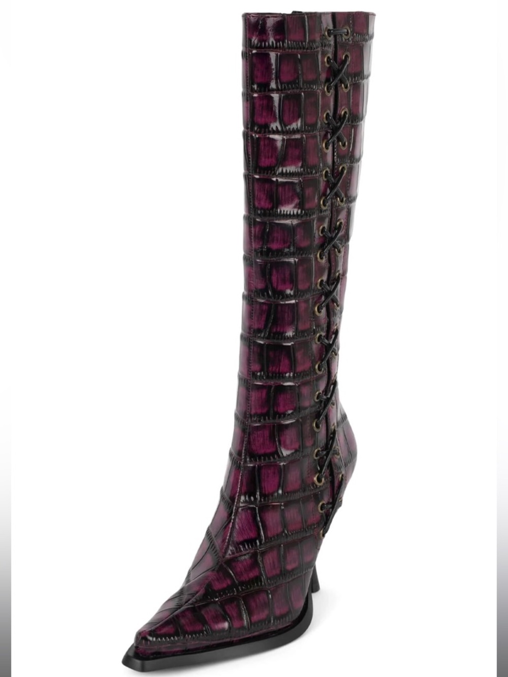 Jeffrey Campbell STUNNA Lace-Up Knee Boot in Raspberry Black Croco - Picture 3 of 5